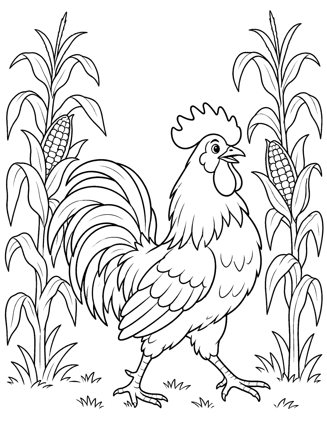 A rooster walking between two tall corn stalks, each with broad leaves and an ear of corn.