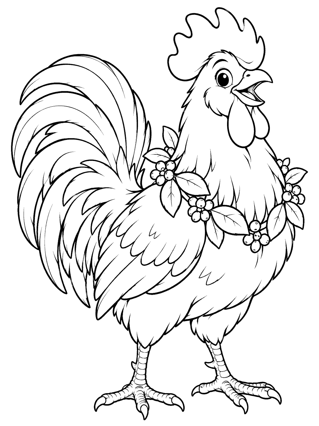 Cheerful rooster wearing a leafy wreath with berries