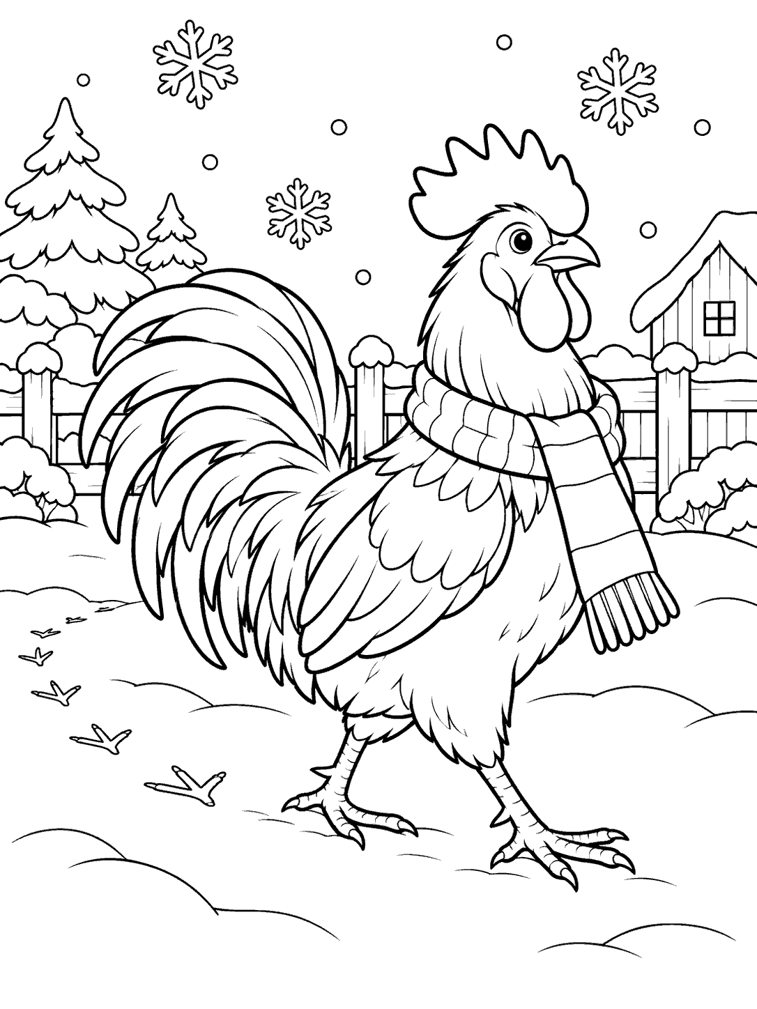 A rooster in a knitted scarf walking through a snowy yard beneath large snowflakes, with bird footprints behind it.