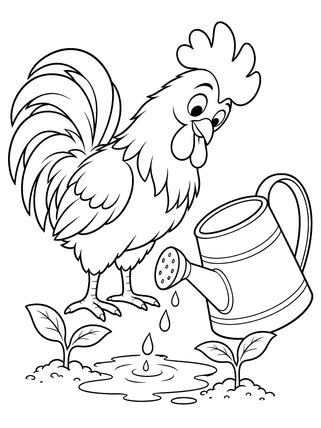 Curious rooster beside a tipped watering can, falling water drops, a puddle, and two small plants