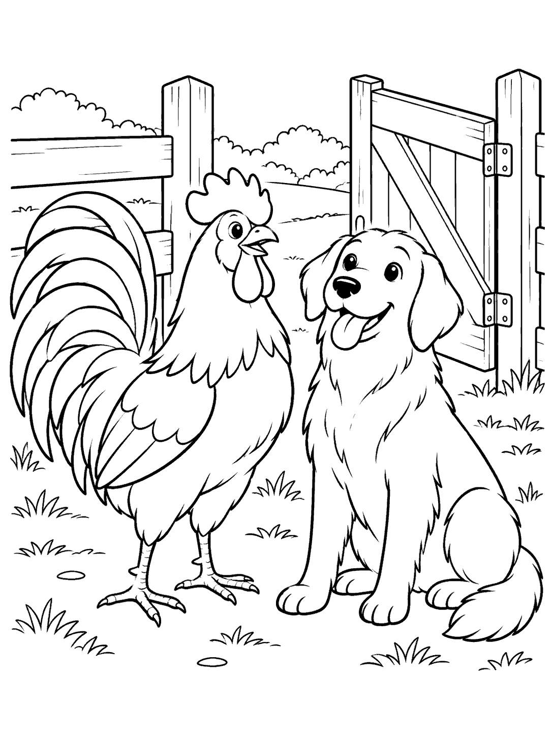 Black outline coloring page showing a full-bodied rooster beside a sitting farm dog near an open farm gate, with fence lines and grass.