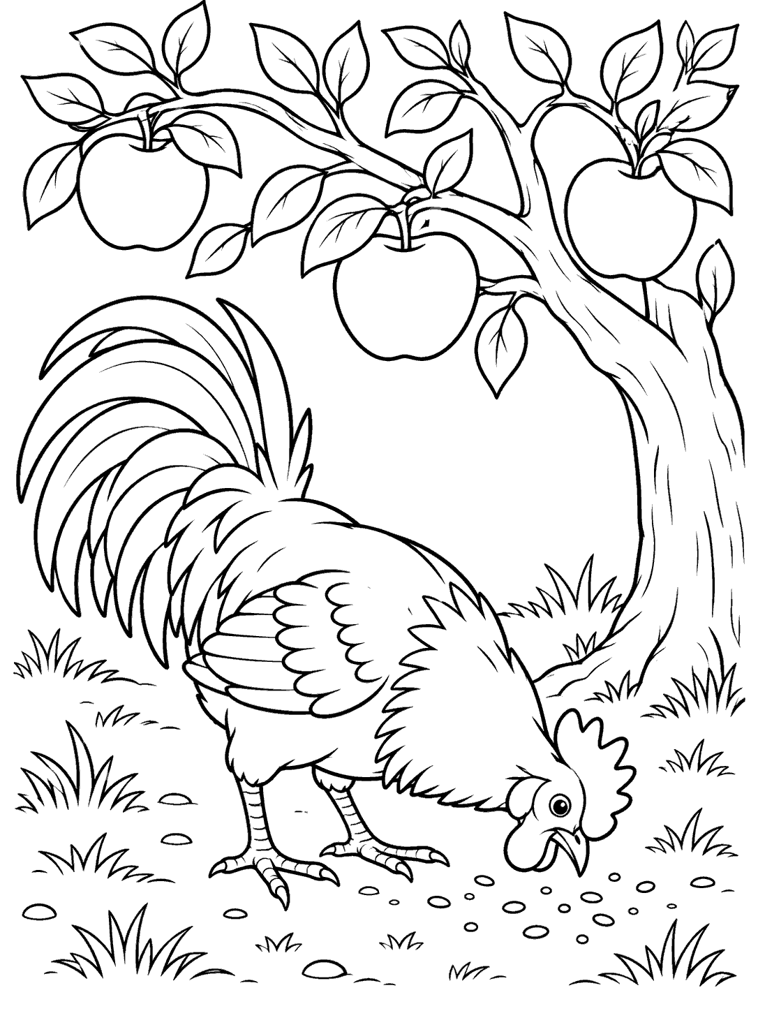 Black and white coloring page showing a rooster pecking beneath an apple tree with three apples.