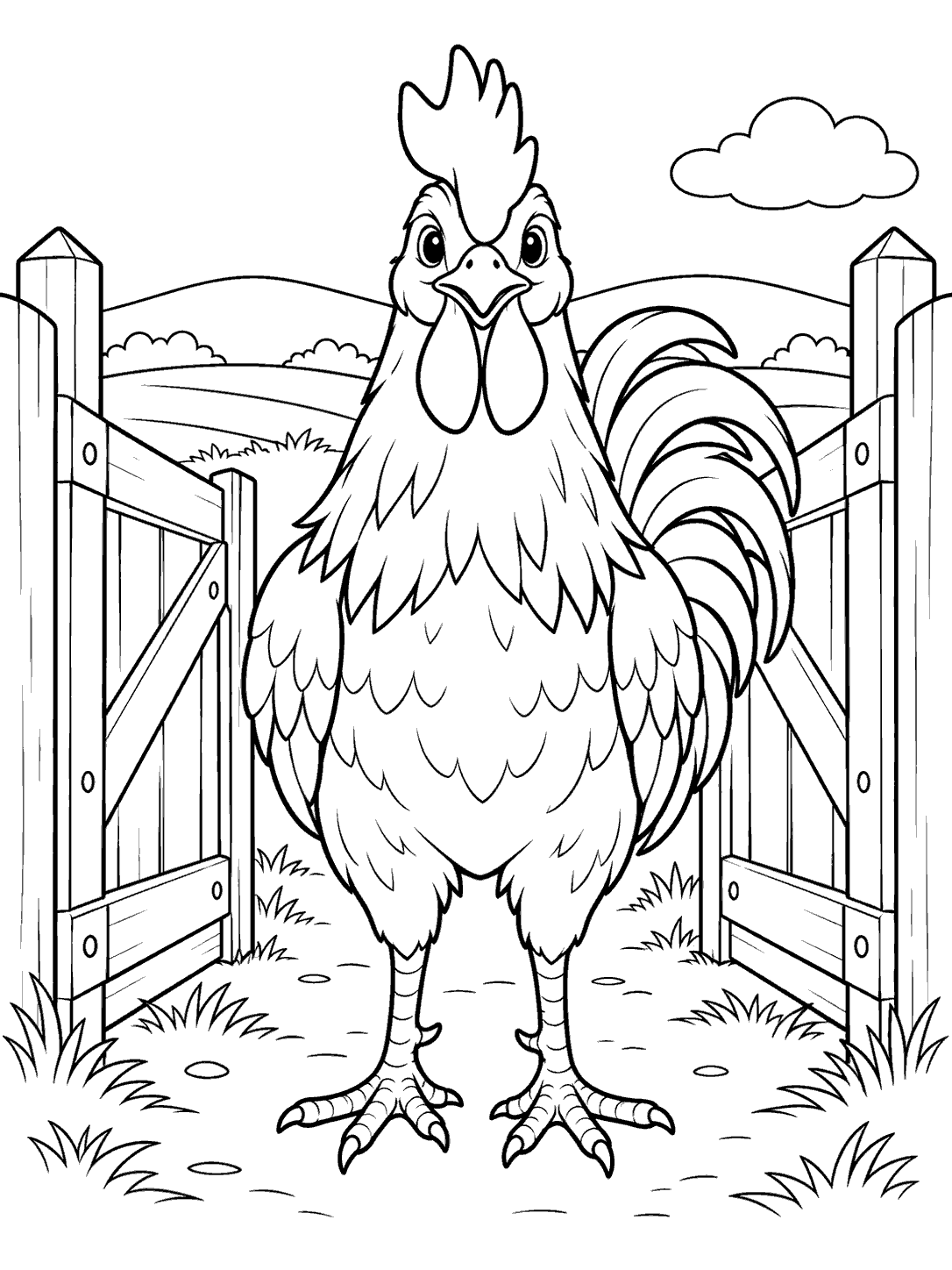 Front-facing rooster standing between open wooden farm gates, with hills and a cloud behind it.