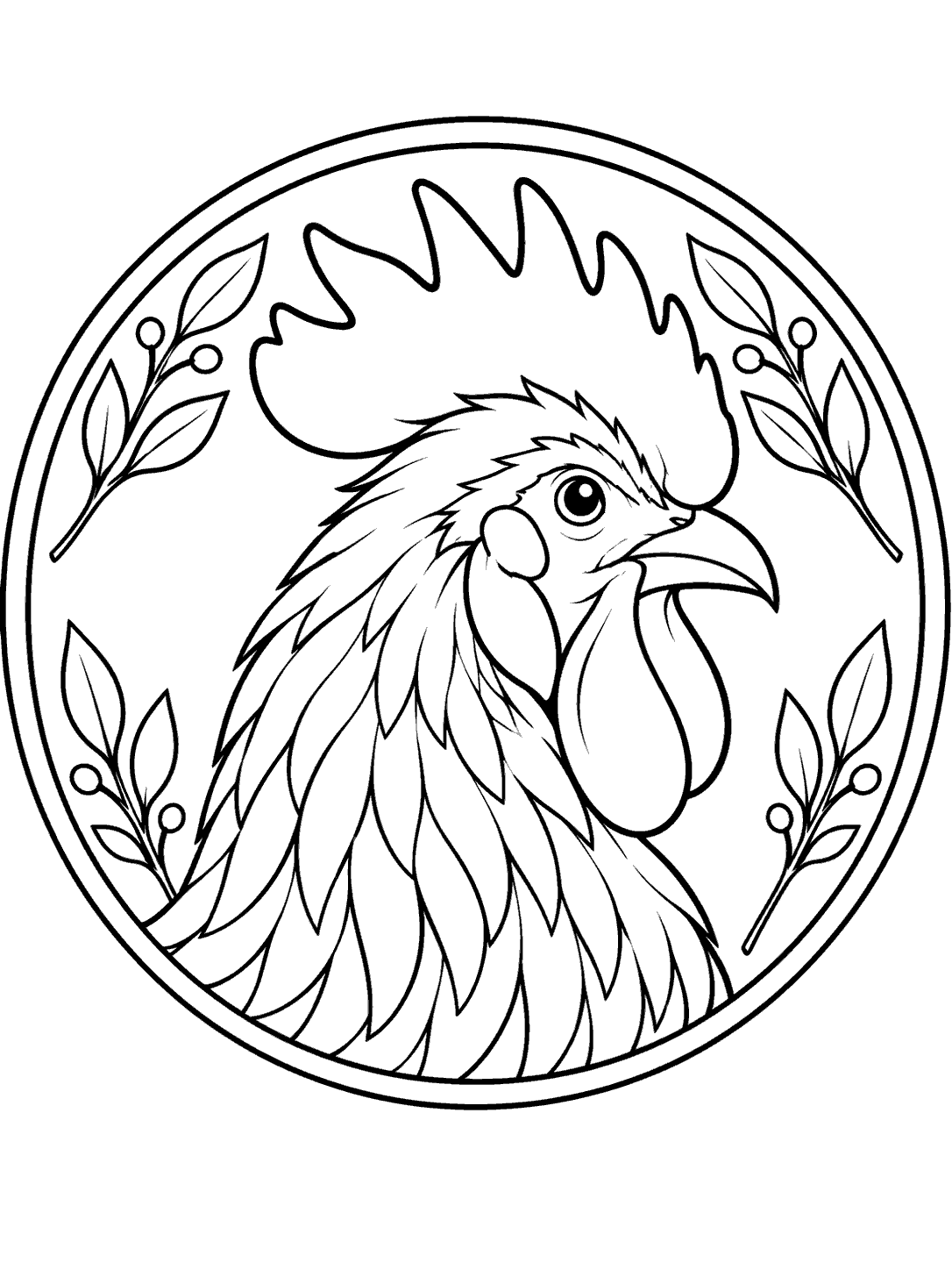 Profile portrait of a rooster inside a circular leafy medallion.
