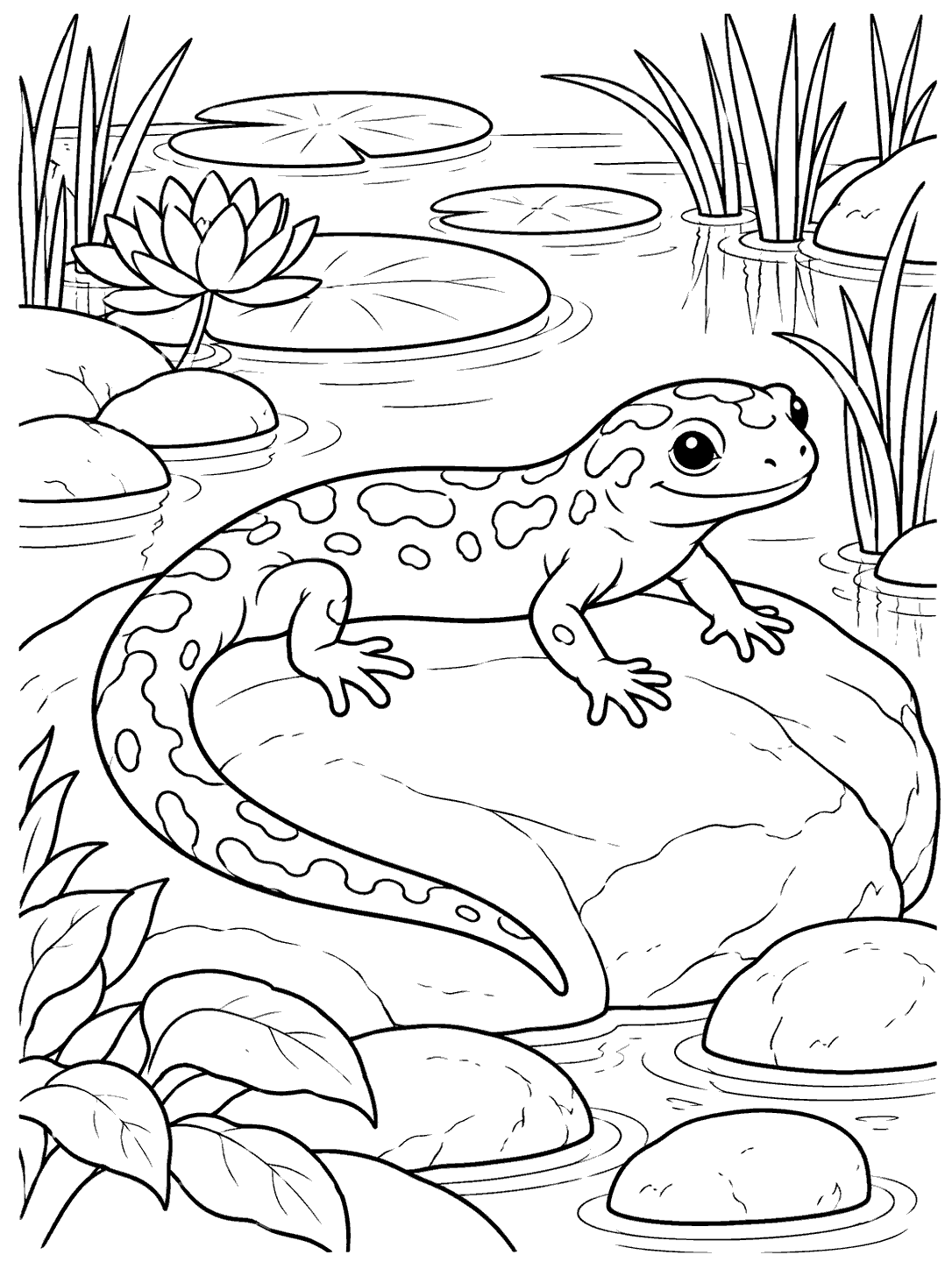 A spotted salamander with four legs and a long tail resting on a broad rock beside pond lily pads, reeds, and stones.