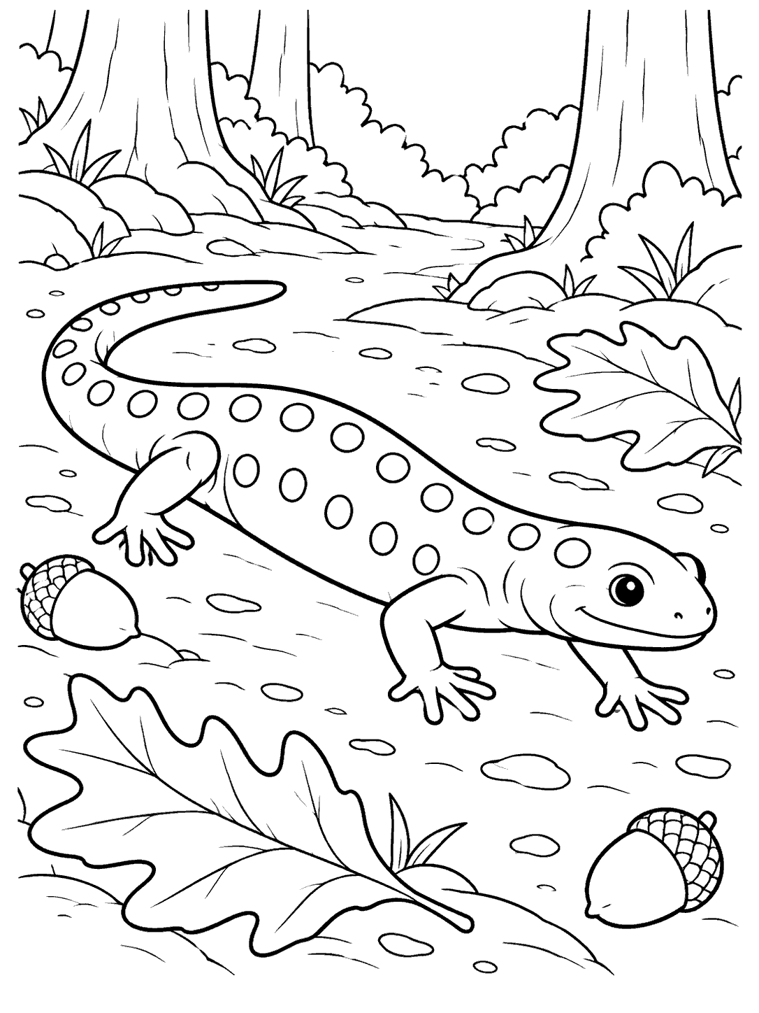 Spotted salamander walking along a leafy forest trail with acorns