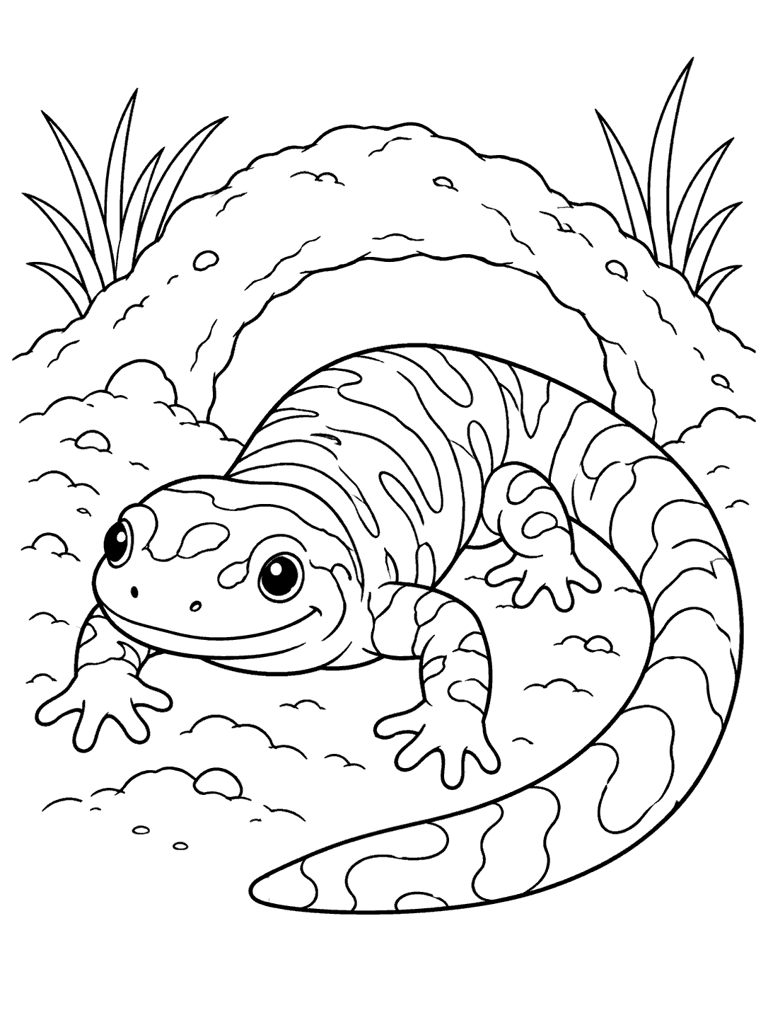 Tiger salamander emerging from a burrow, with its long striped body curving around the soil mound.