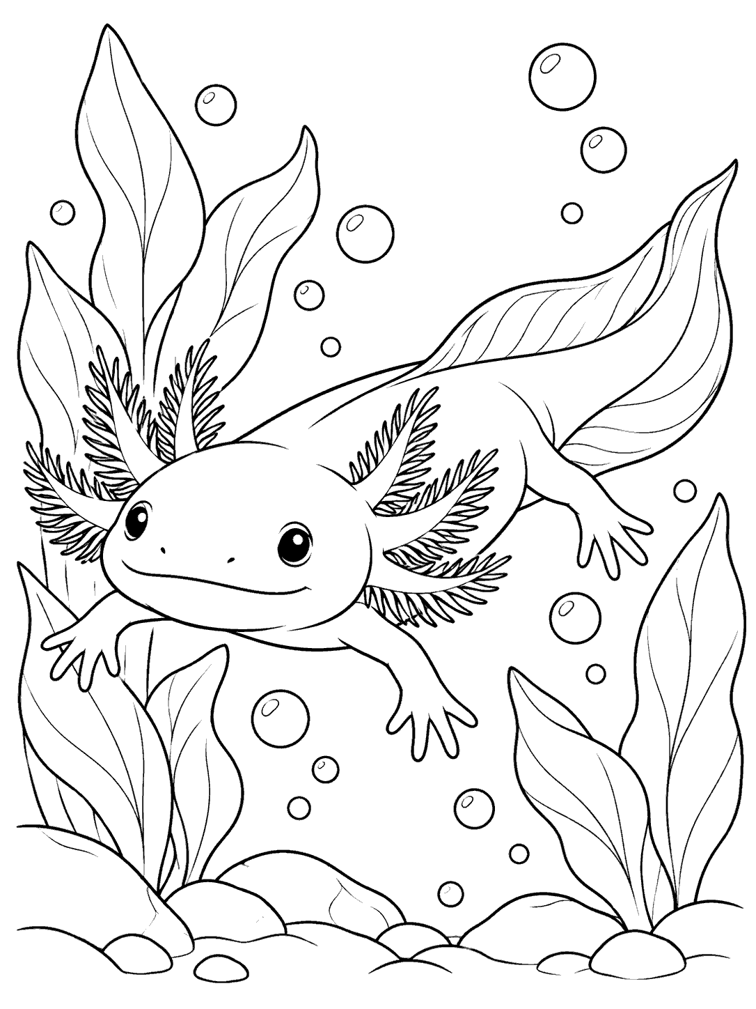 A smiling axolotl with feathery gills and a long finned tail swimming among aquatic plants and bubbles