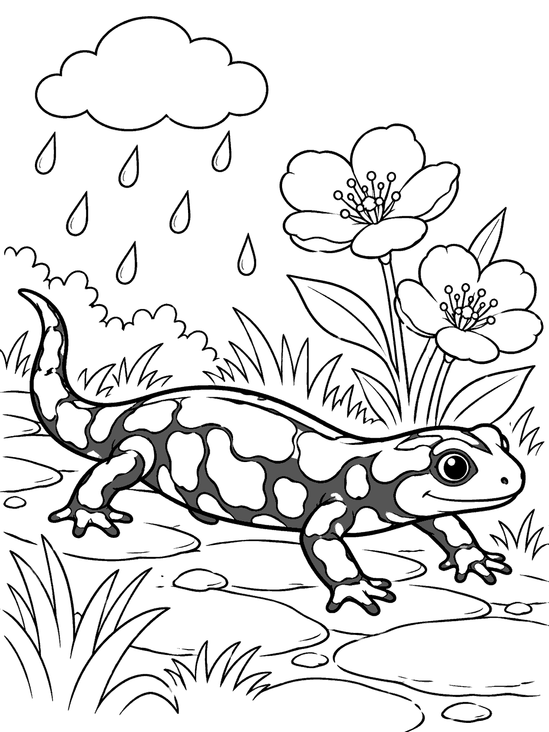 Outlined fire salamander with broad open pattern patches walking on a garden path beneath a cloud, raindrops, and two flowers.