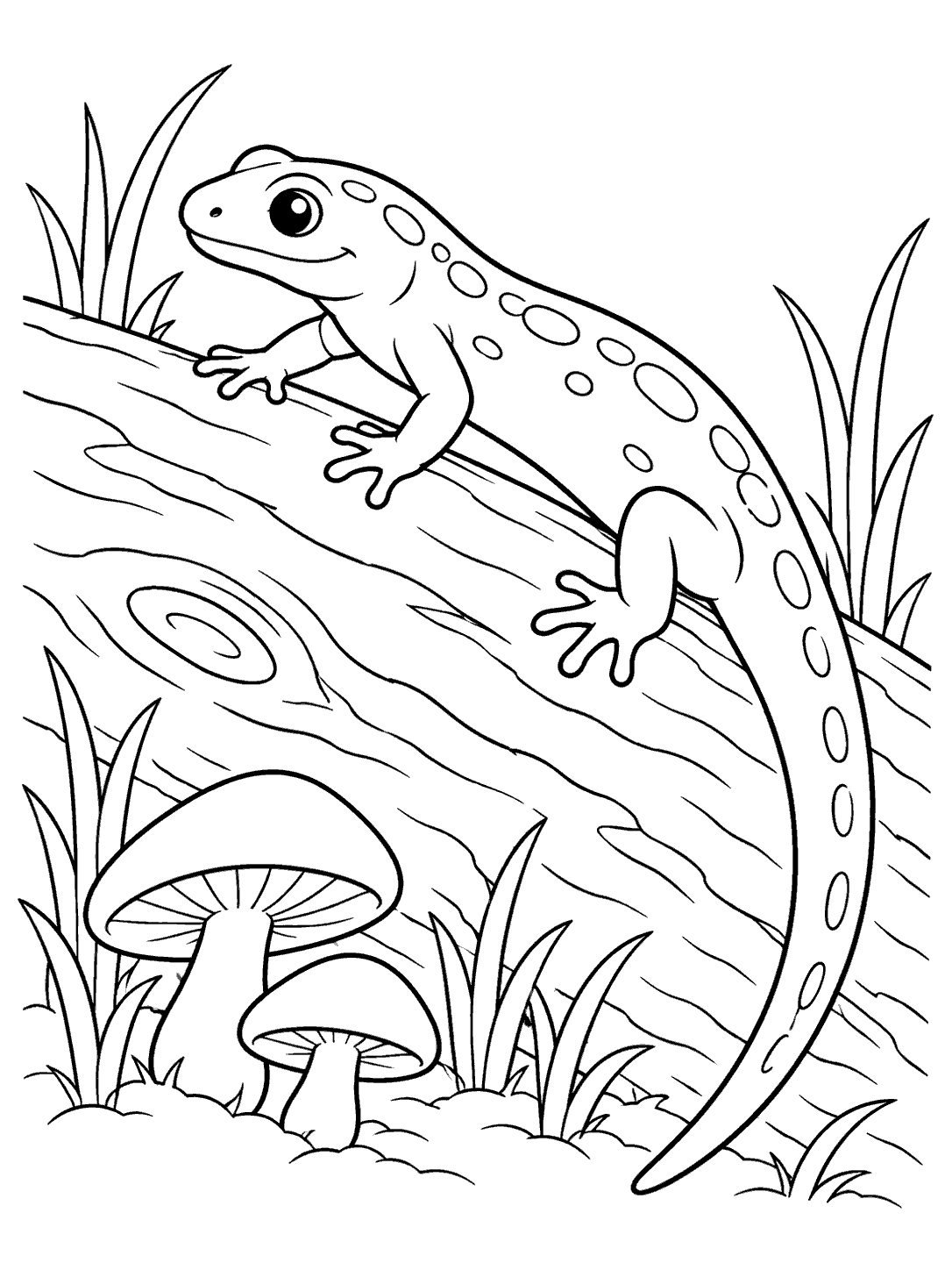 A spotted salamander with an arched body and trailing tail climbing across a broad fallen log, with two mushrooms and grass blades.
