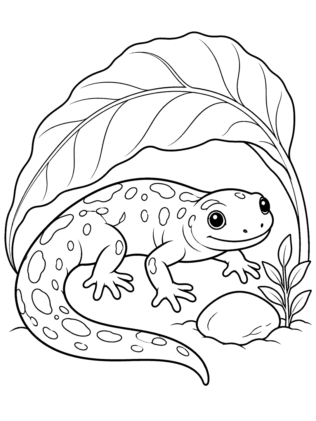 A spotted salamander curls beneath a large veined leaf, with a pebble and sprig nearby.
