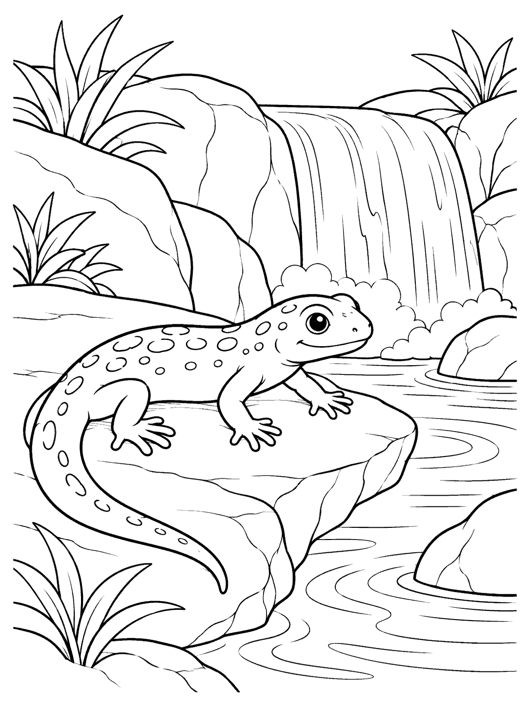 Spotted salamander with four legs and a long tail beside a waterfall and pool