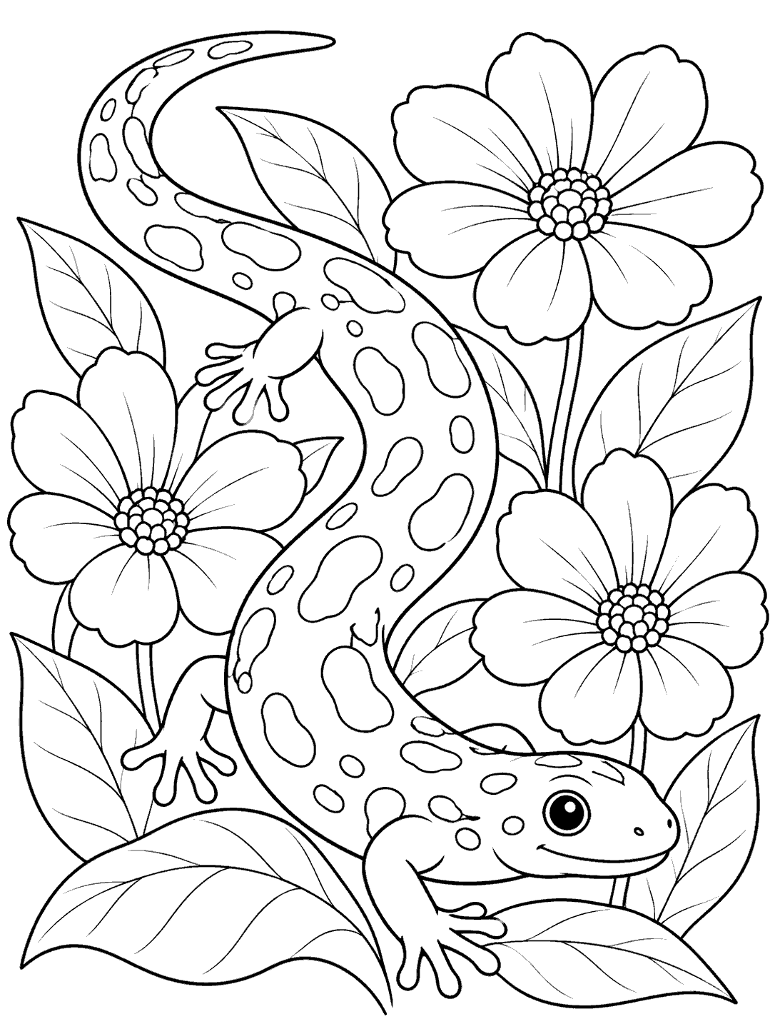 A spotted salamander curves in an S shape among three large flowers and broad leaves.