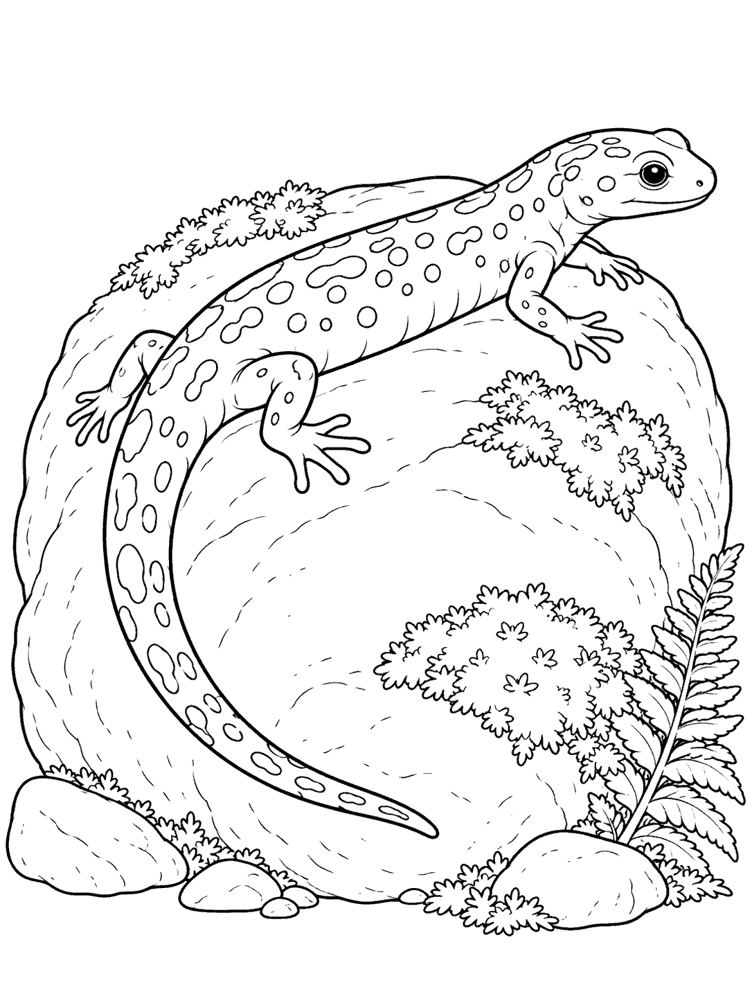 Long-tailed spotted salamander stretched across a rounded boulder with moss patches and a fern