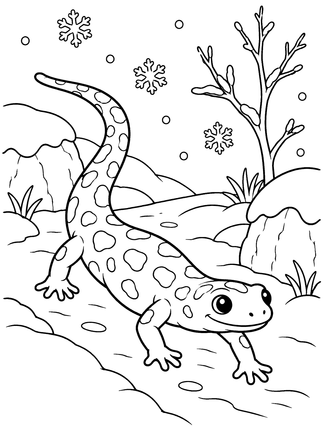 Whimsical spotted salamander walking along a snowy woodland path beneath falling snowflakes, beside a bare sapling and snow-capped stones.
