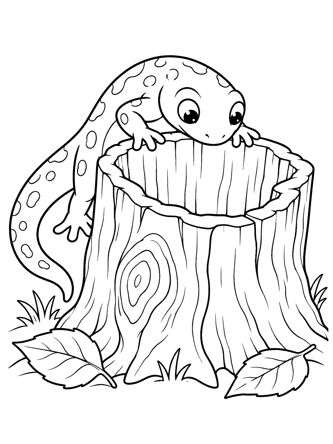 A spotted salamander resting its front feet on a hollow tree stump, with its tail trailing behind and leaves at the base.