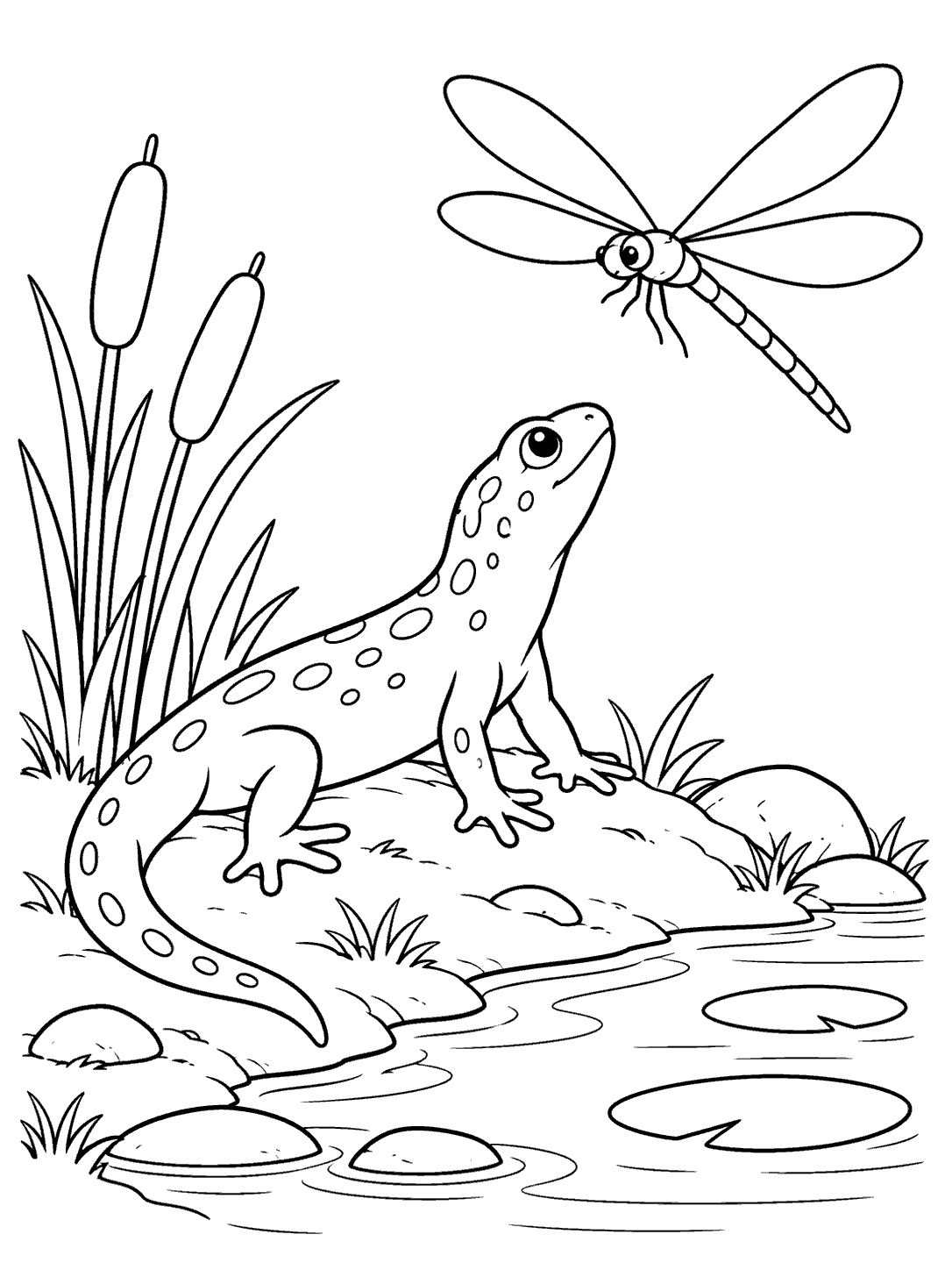Salamander looking up at a hovering dragonfly beside a pond.