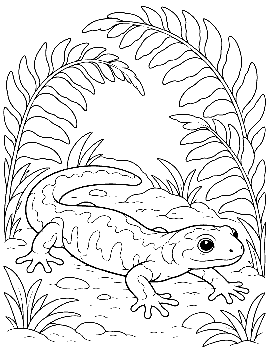 Salamander resting on the ground among arching fern fronds