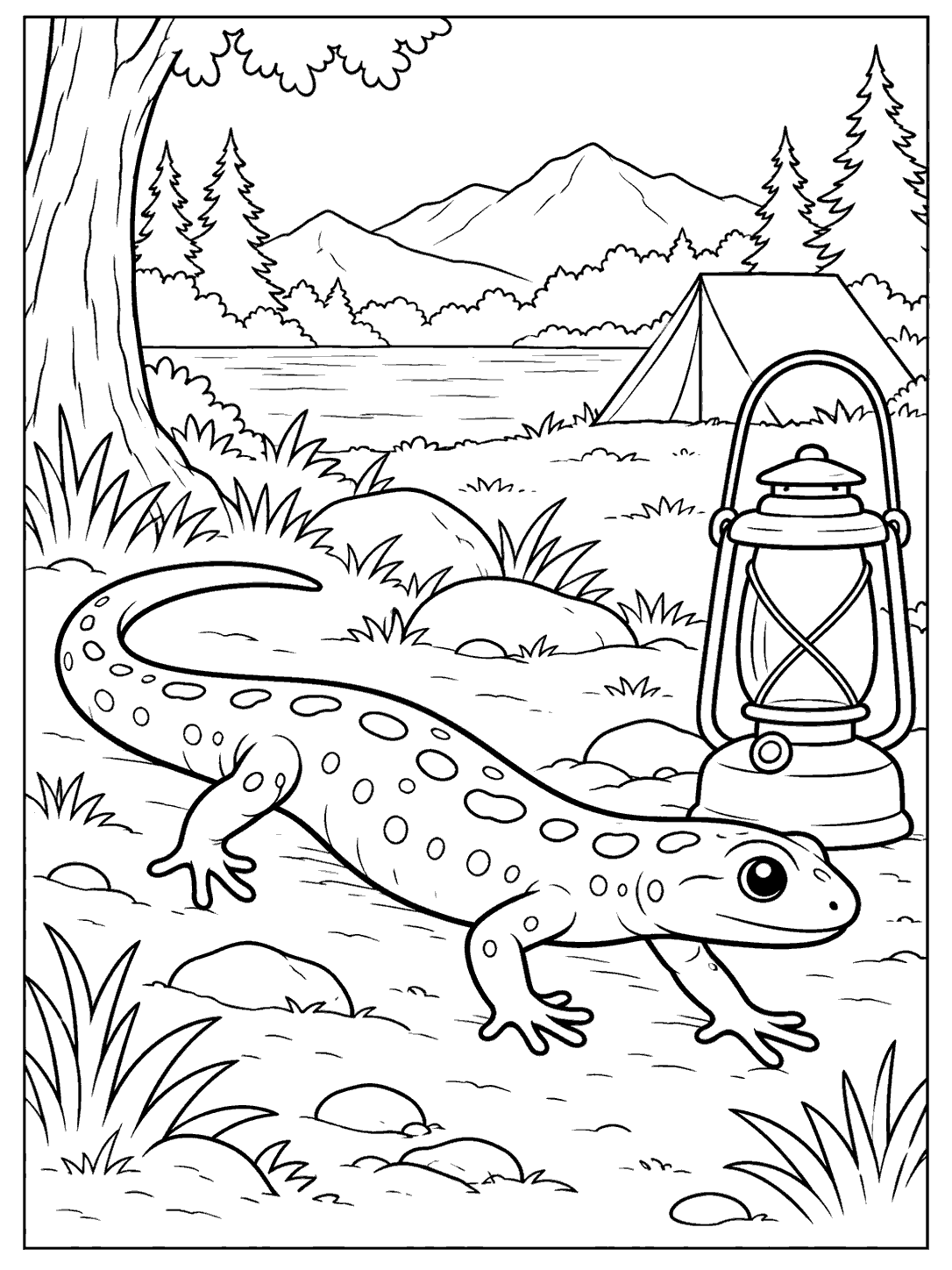 Salamander with a long spotted tail beside an unlit campsite lantern, with a tent, trees, and mountains in the background.