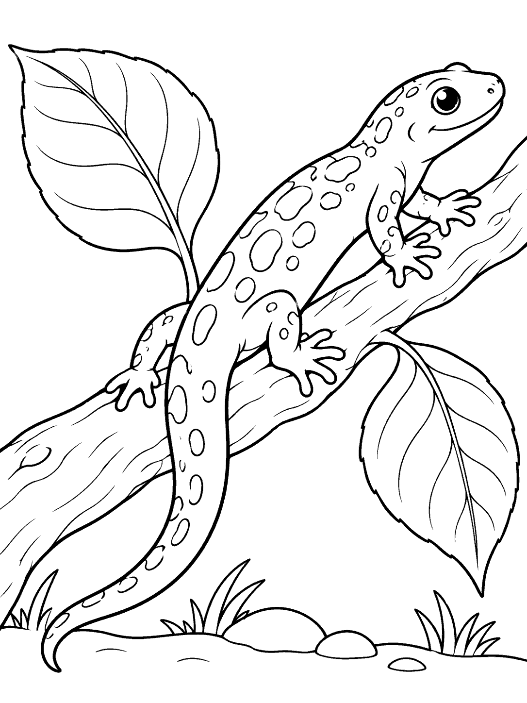 Black-and-white coloring page showing a spotted salamander climbing diagonally along a branch, with two leaves and a ground line.