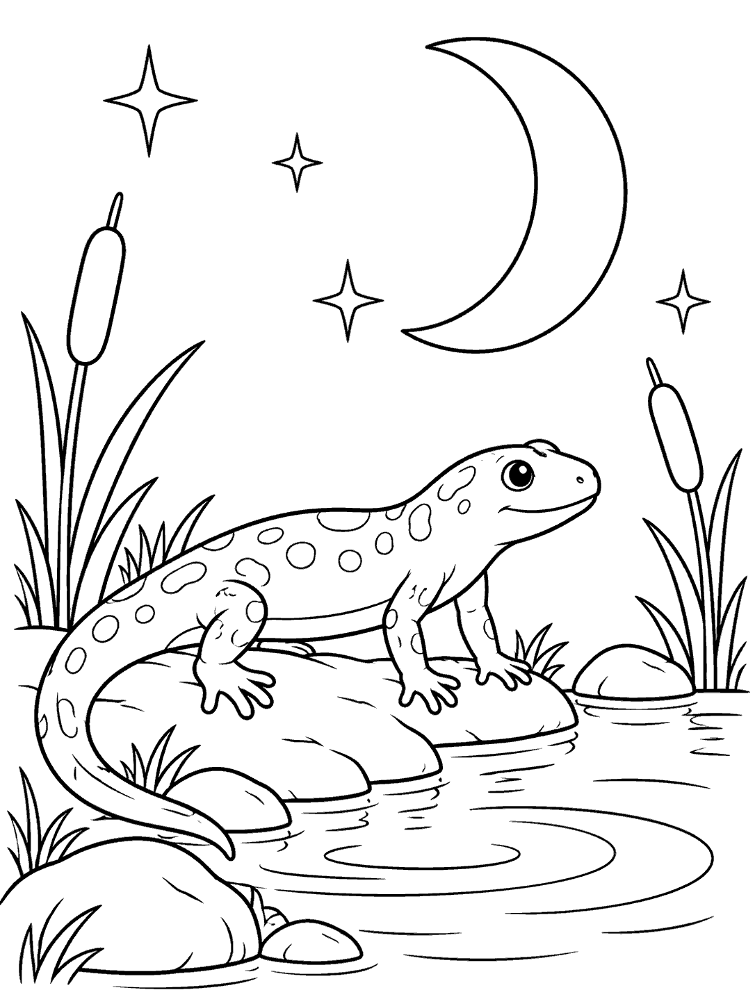 A spotted salamander standing on rocks beside a pond, with reeds, stars, and a crescent moon overhead.