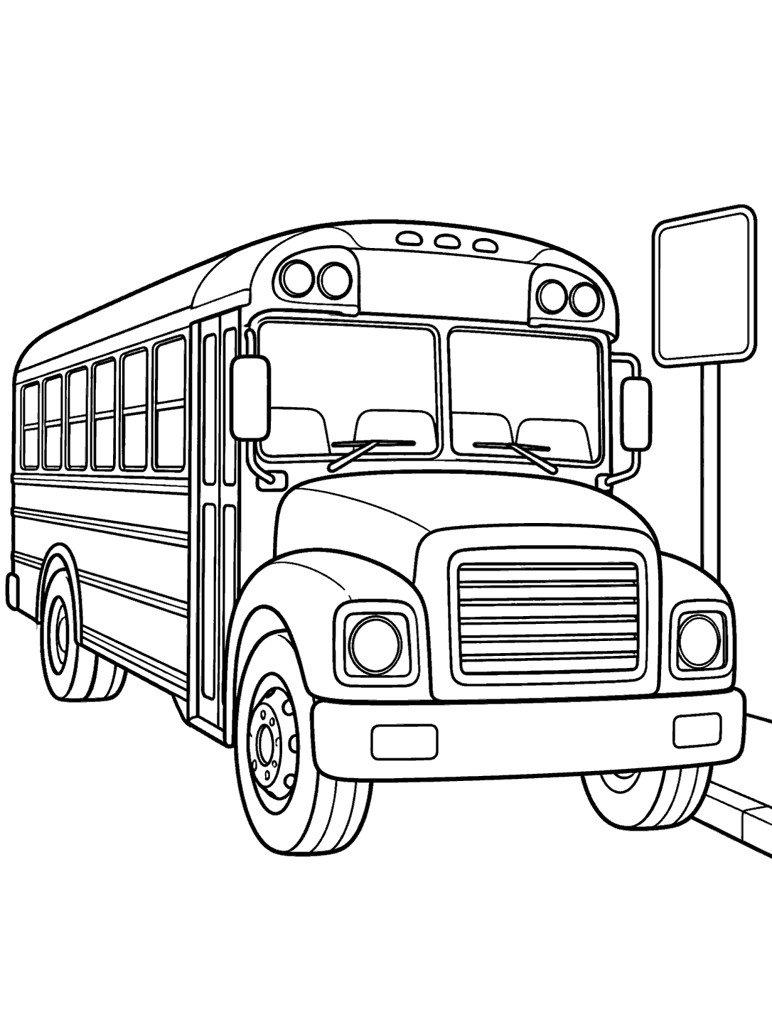 Classic school bus parked beside a blank roadside sign, in clean black outlines for coloring.
