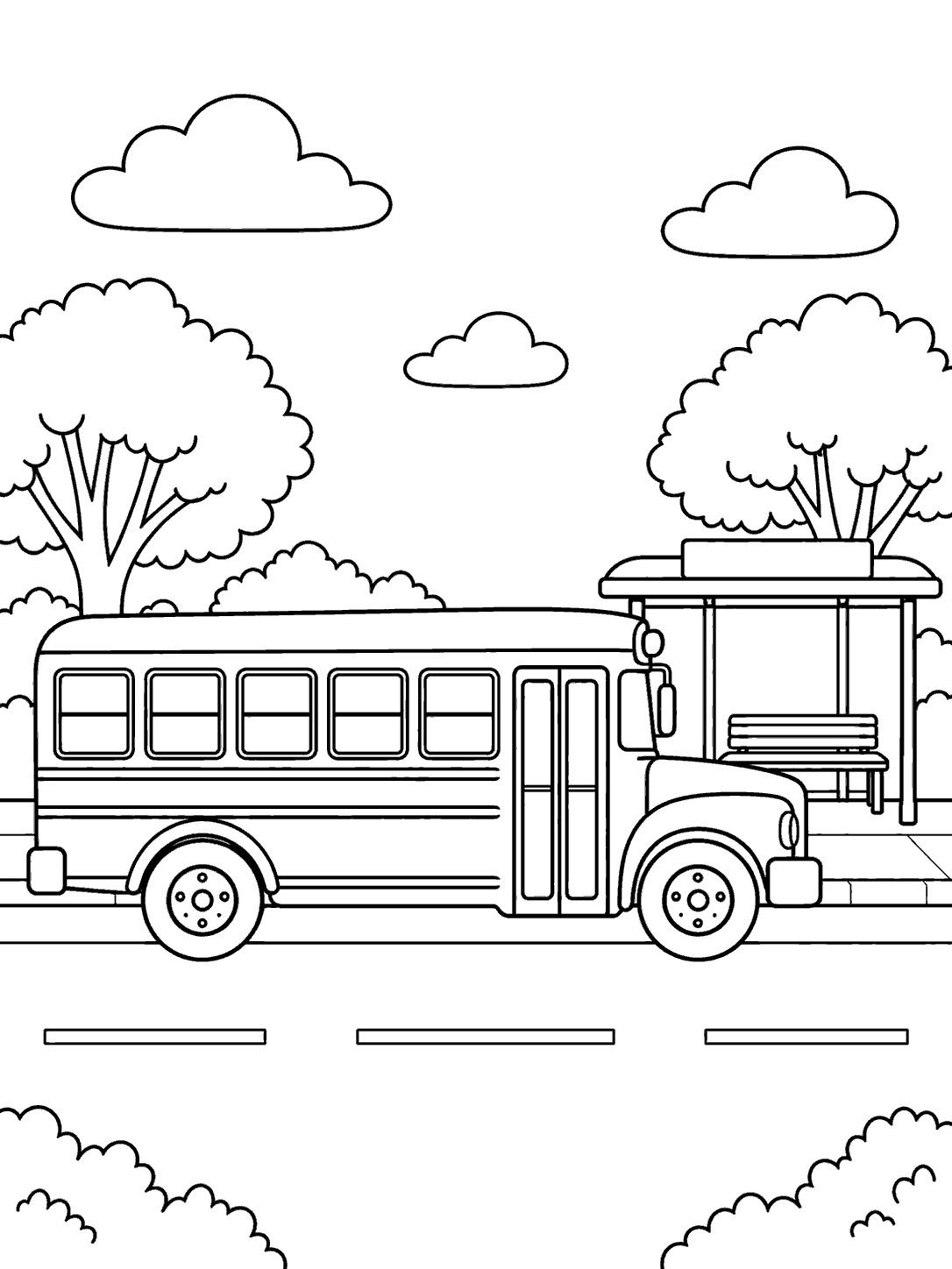 Side-view school bus beside a small bus shelter with a bench and blank sign panel, in a black-outline coloring page.
