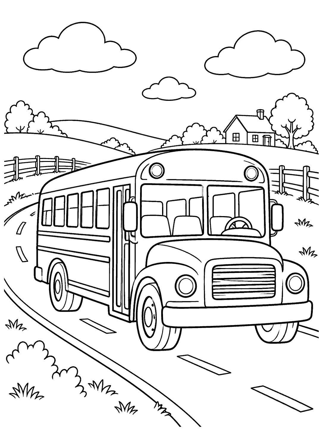 Large school bus on a curving country road, with a farmhouse, two fence sections, and clouds in the distance.