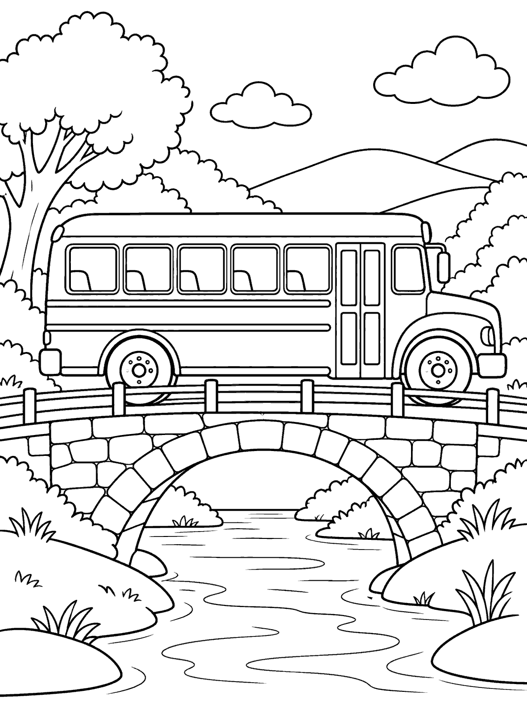 Side-view school bus crossing an arched stone bridge over a stream, with trees, hills, and clouds in a black-outline coloring page.
