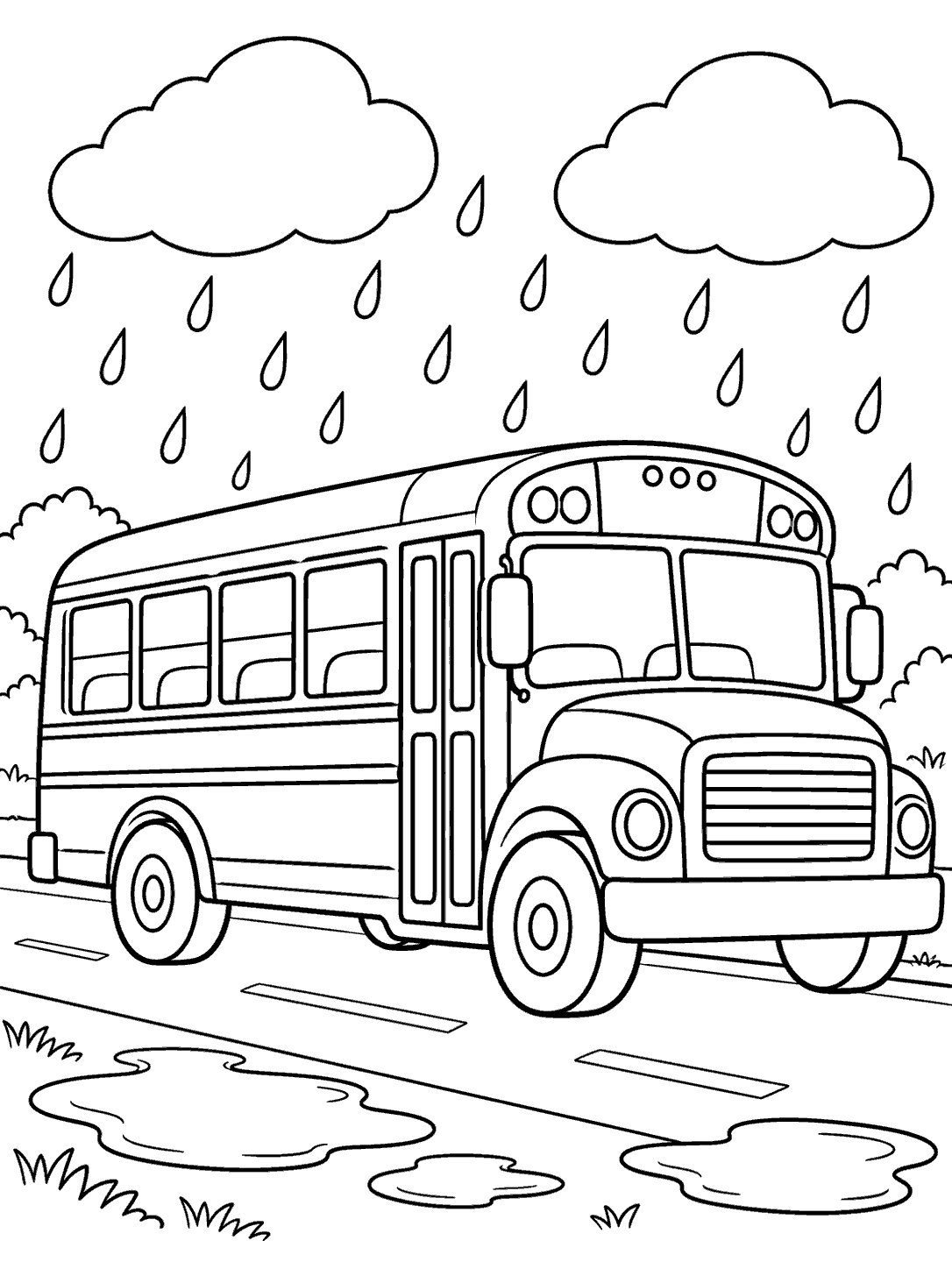 Large school bus driving along a road beneath two clouds and spaced raindrops, with puddles near the roadside.