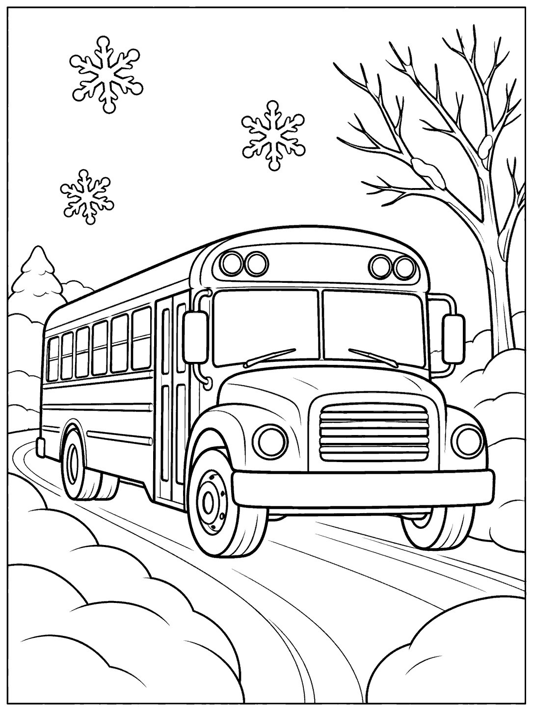 Large school bus on a snowy road between snowbanks, with a bare tree and three snowflakes, in a black-and-white coloring page.