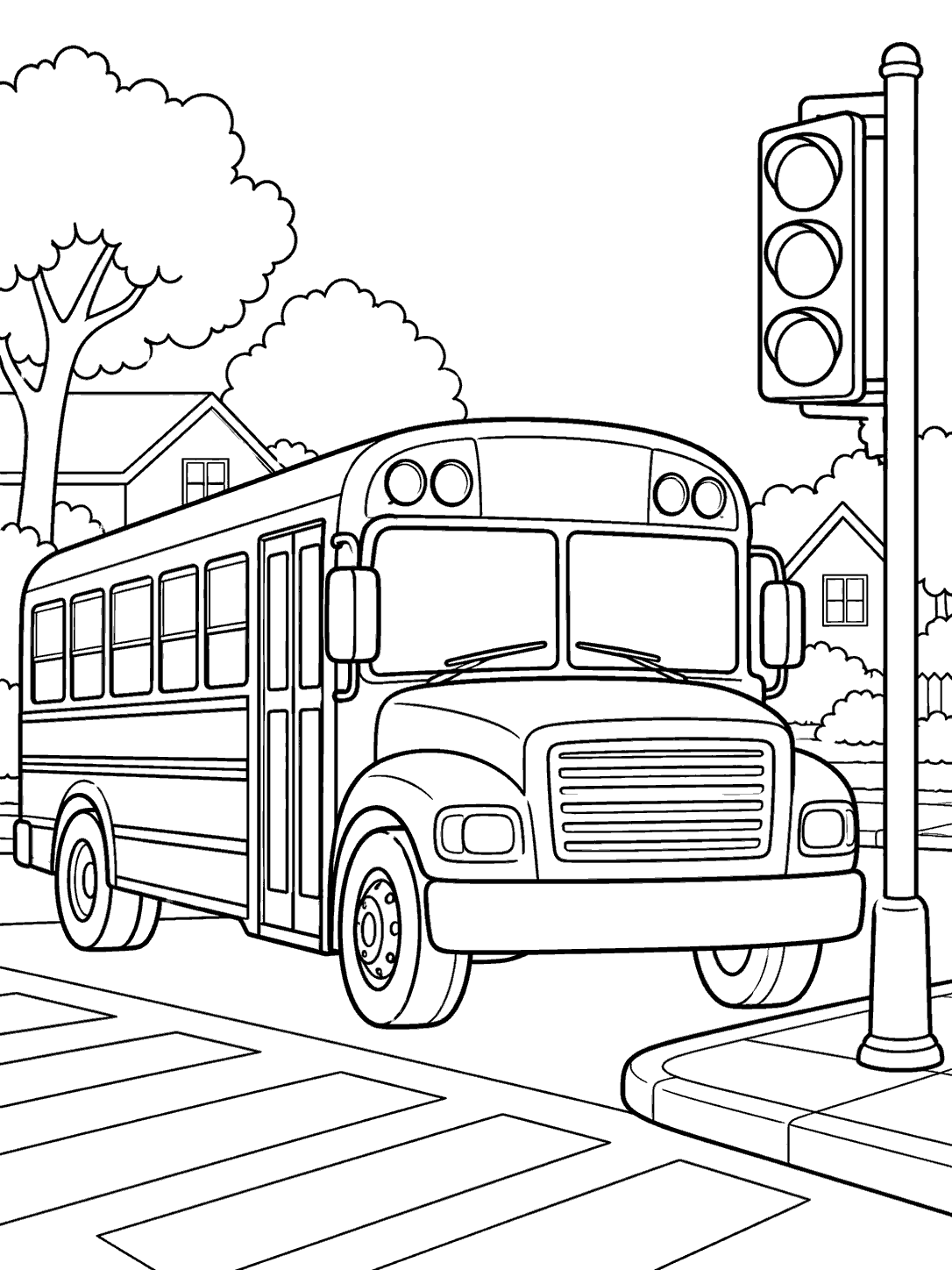 Black-outline coloring page showing a school bus from the front and side beside a traffic light with empty circles, homes, trees, and a crosswalk.