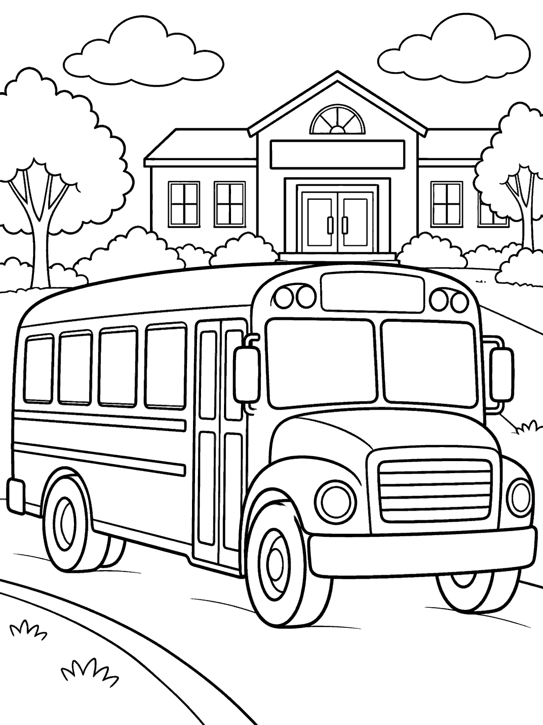 Front-side view of a school bus parked in front of a school with a centered entrance, windows, trees, and clouds, drawn as a black-and-white coloring page.