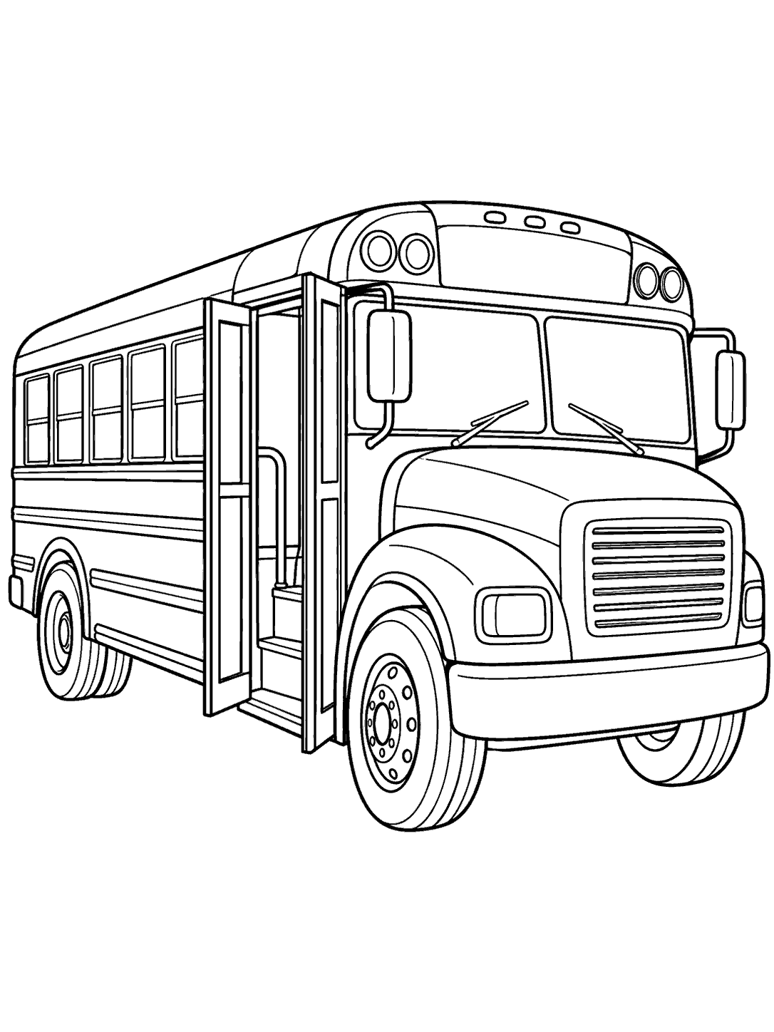 Black-outline school bus in three-quarter front view with open folding doors, empty steps, and handrail on a white coloring page.