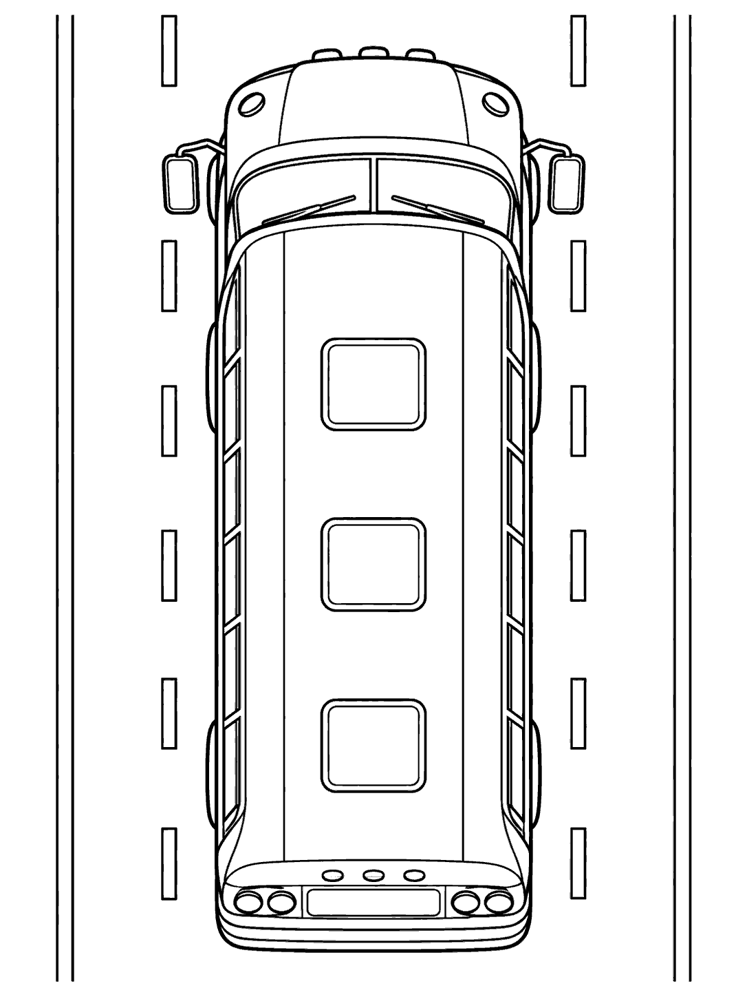 Overhead view of a school bus with roof windows and mirrors centered between dashed road markings, in a black-and-white coloring page.