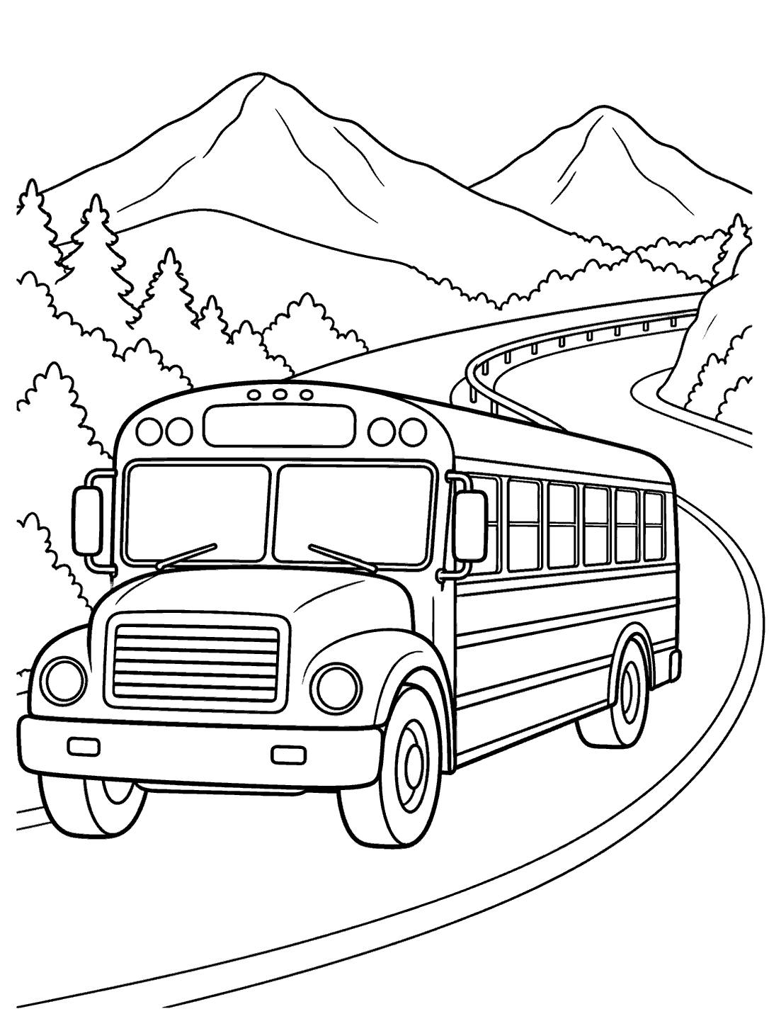Black-outline school bus traveling along a winding mountain road with a guardrail and two peaks