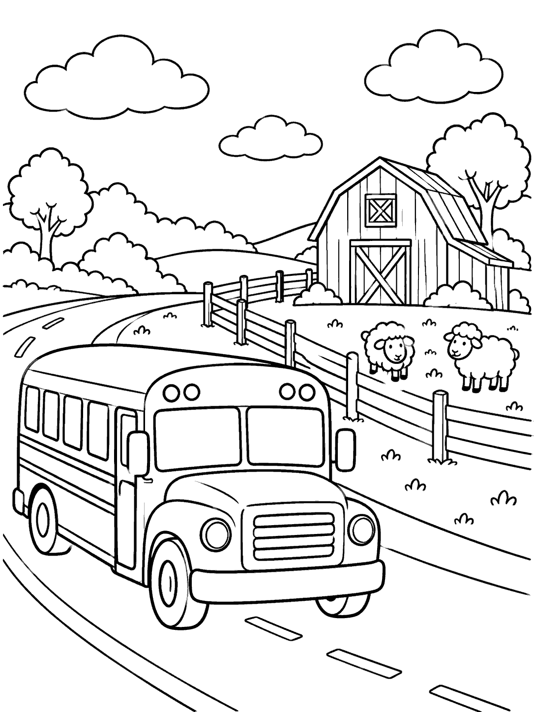 School bus passing a barn with two sheep behind a fence on a printable coloring page