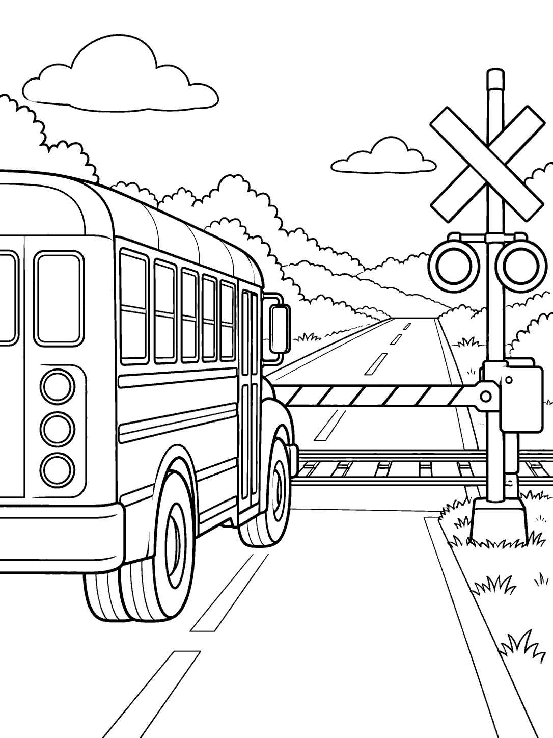 School bus stopped at a railroad crossing with a lowered gate and crossbuck.