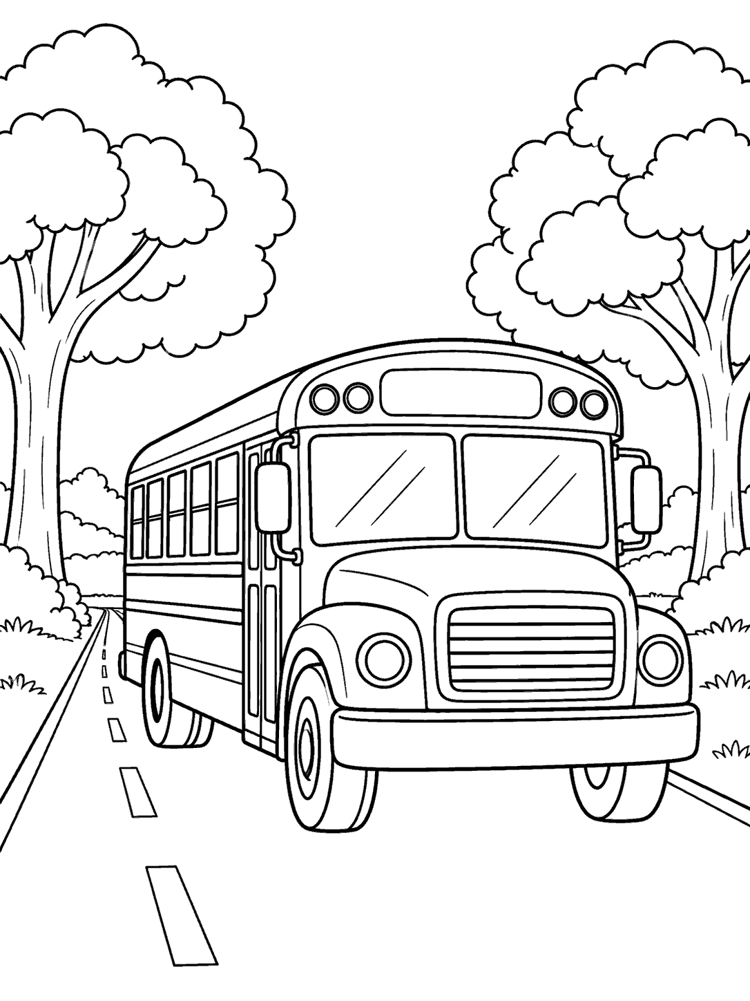 Black-line coloring page of a school bus on a road between large leafy trees