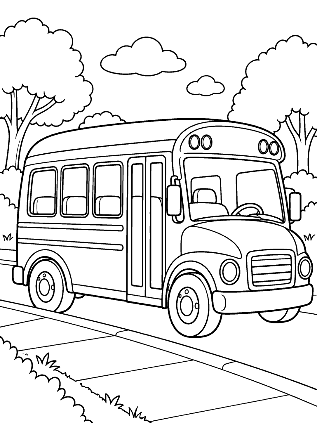 Black outline coloring page of a large mini school bus parked beside a curb, with trees and clouds in the background