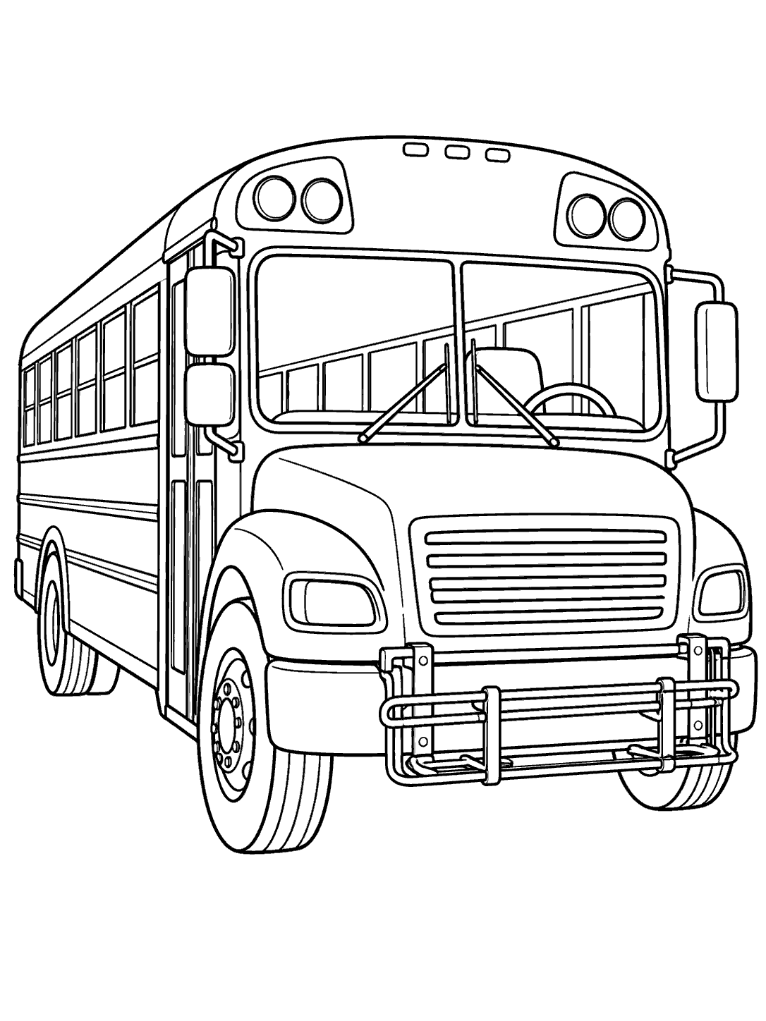 Front-side view of a school bus with an empty folded bicycle rack attached to the front bumper, drawn as a black-outline coloring page.