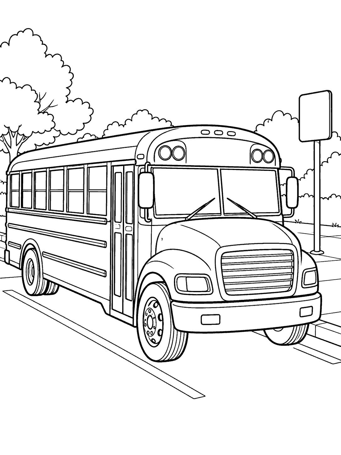 School bus parked in a marked parking space coloring page