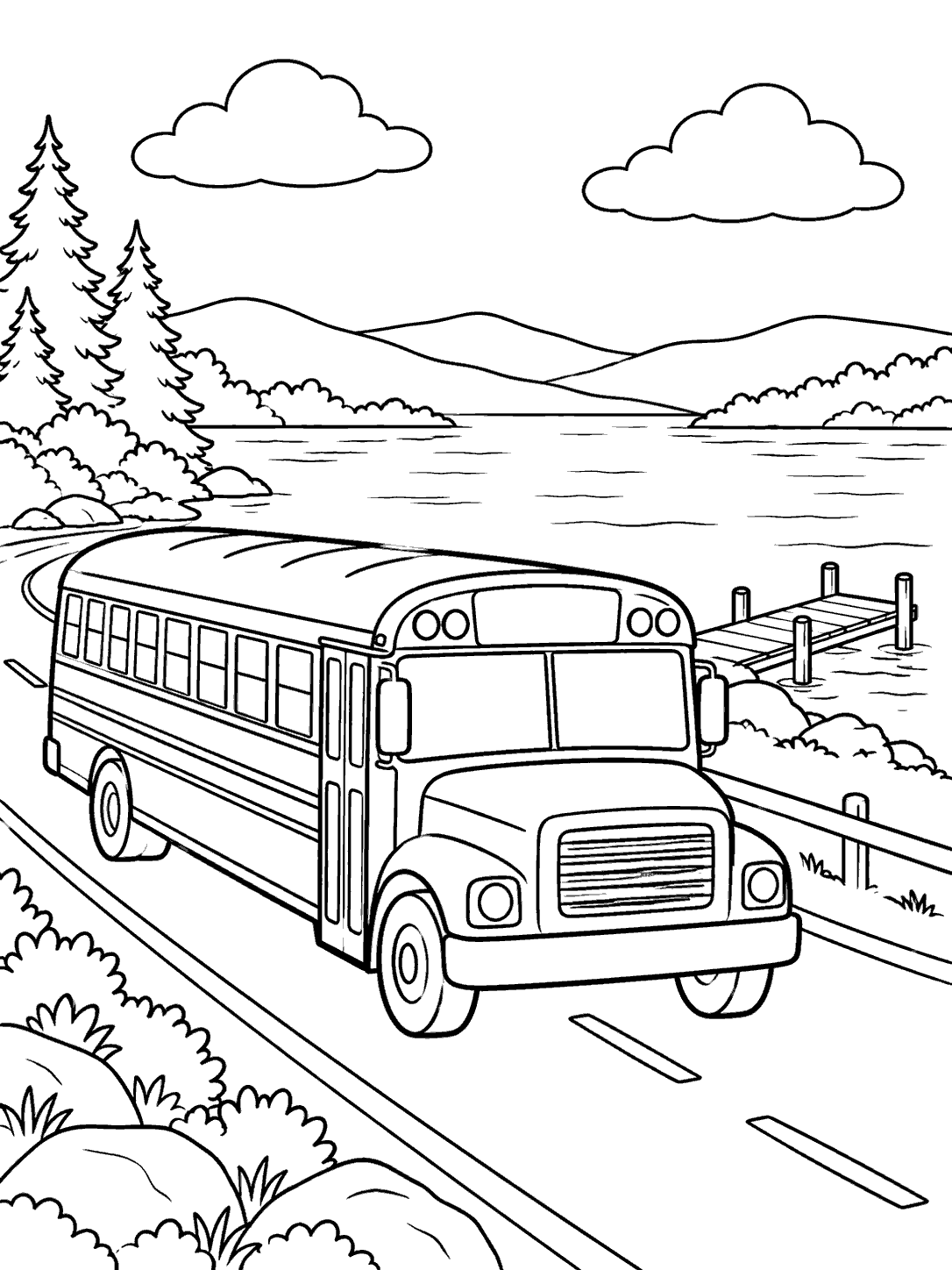 Black outline coloring page of a school bus on a lakeside road beside an empty dock, with clouds and trees.