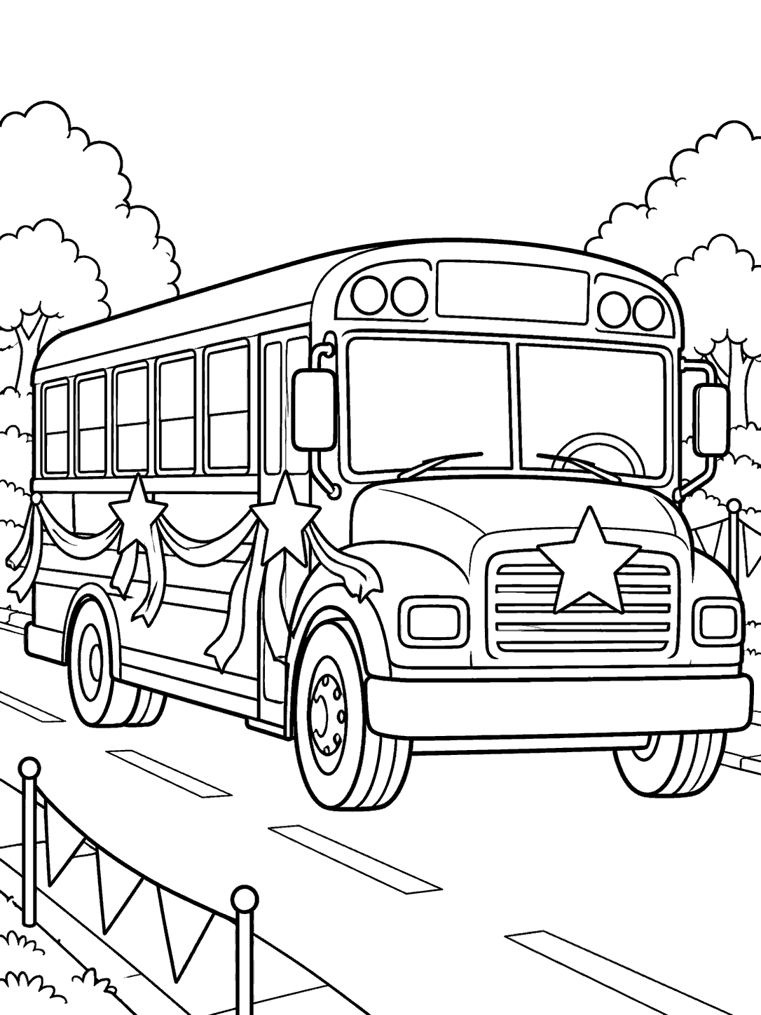 Black-outline coloring page of a star-decorated school bus on a parade route with pennant bunting and trees.