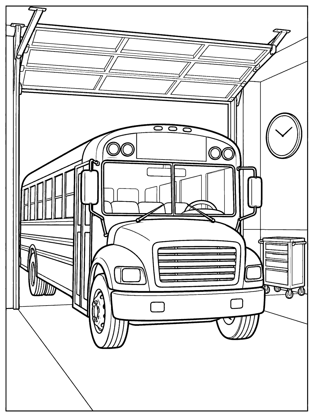 School bus parked inside an open garage coloring page, with a raised door, tool cart, and numberless wall clock.