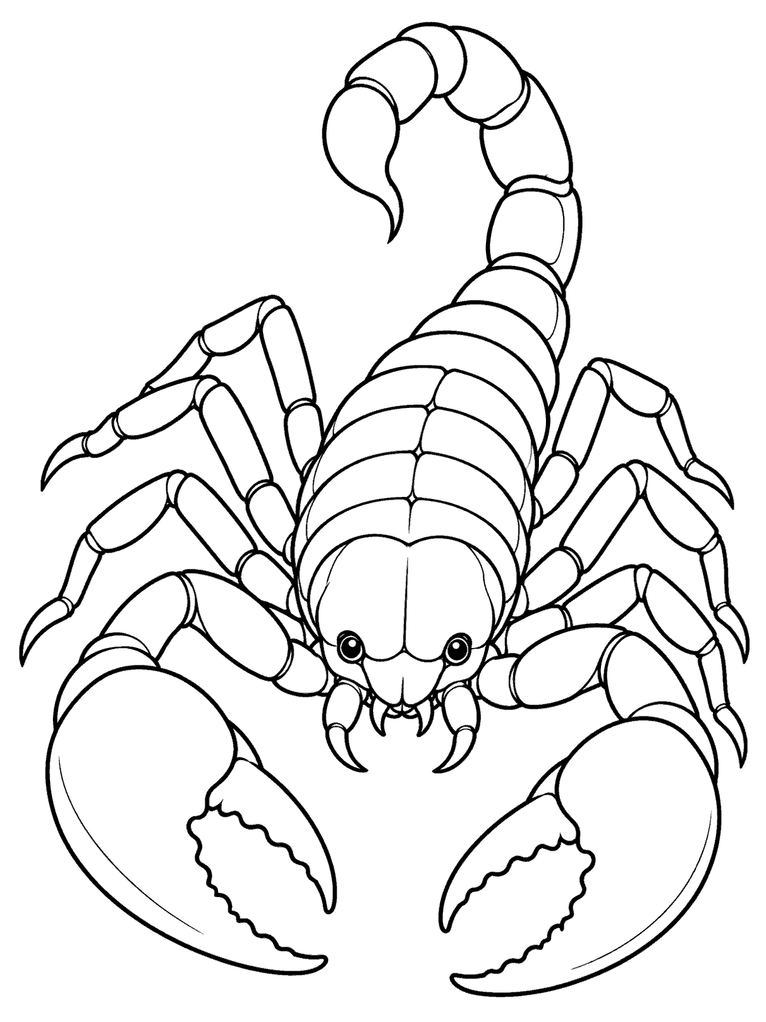 Printable close-up scorpion coloring page with spread pincers, eight clear legs, and a raised segmented tail.