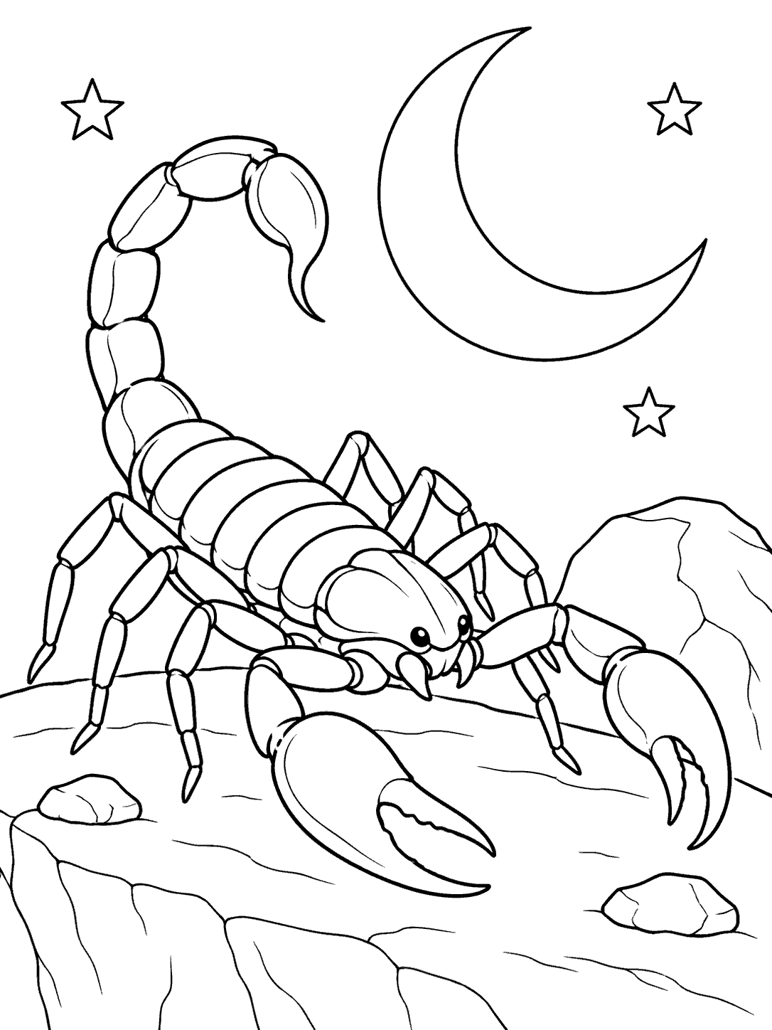 Scorpion coloring page with a segmented body, pincers, curved stinger, crescent moon, stars, and rocky ledge.