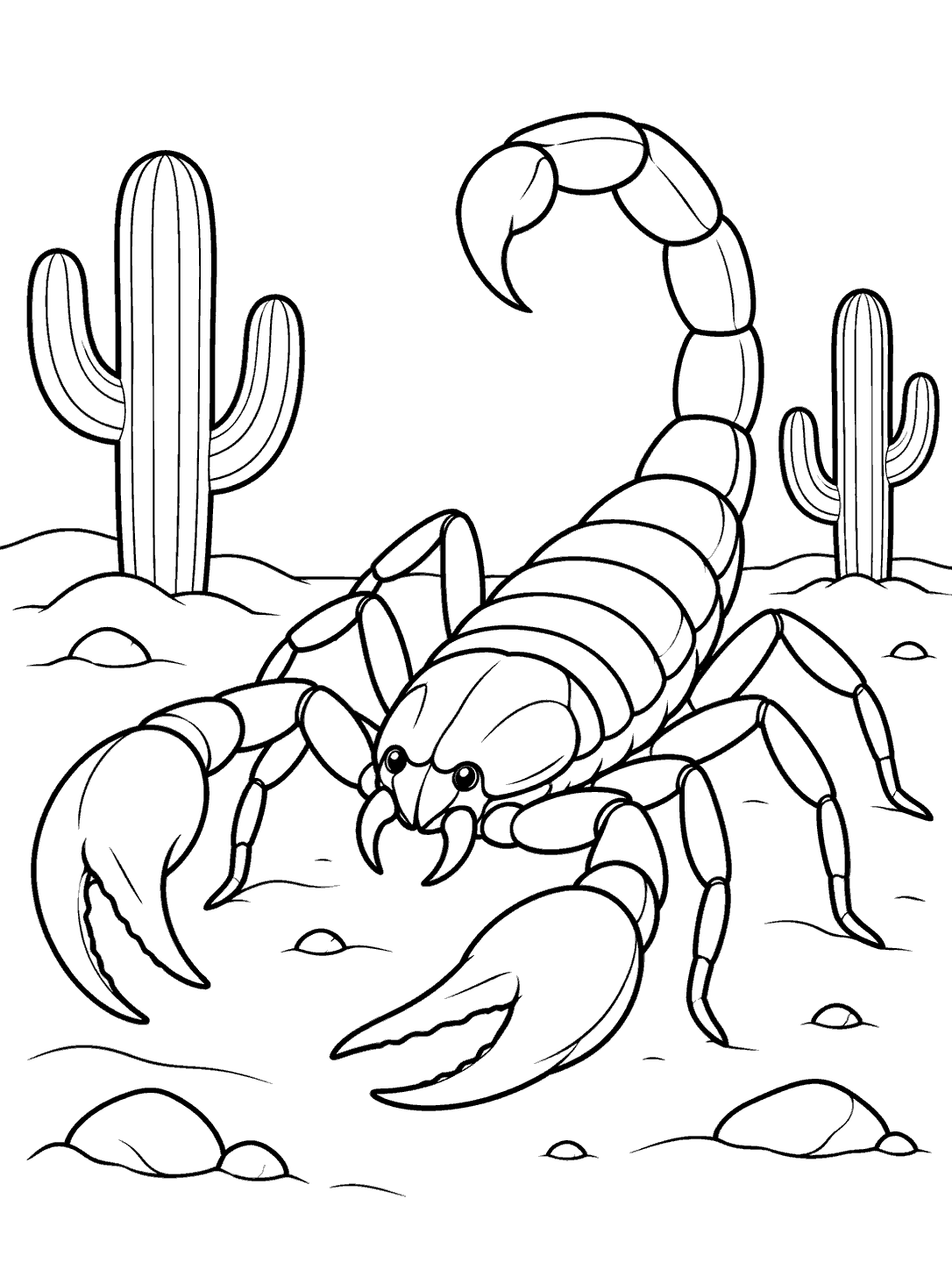Scorpion coloring page with two desert cacti