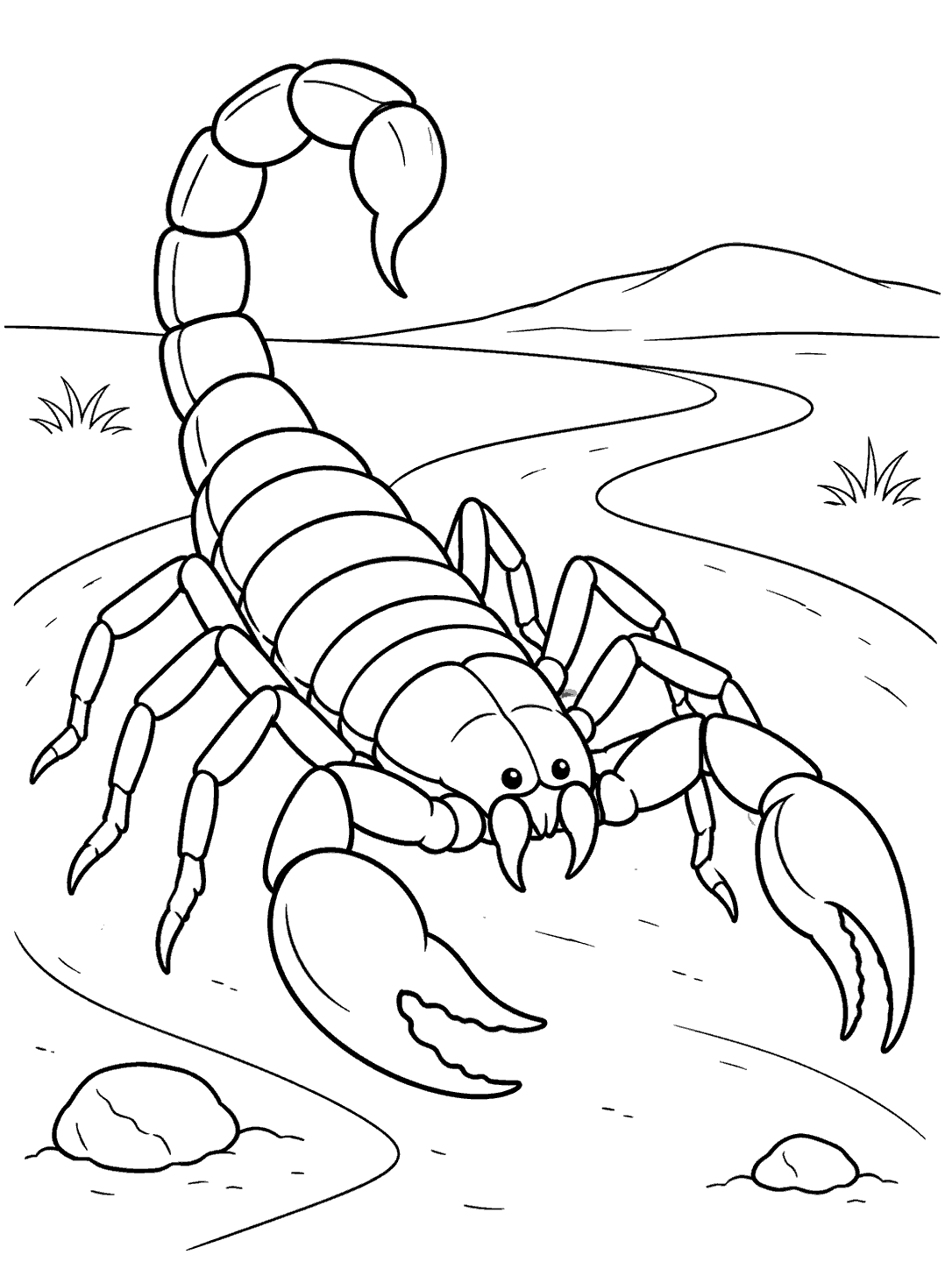 Large cartoon scorpion with raised segmented tail walking along a winding path, with two stones and a low hill