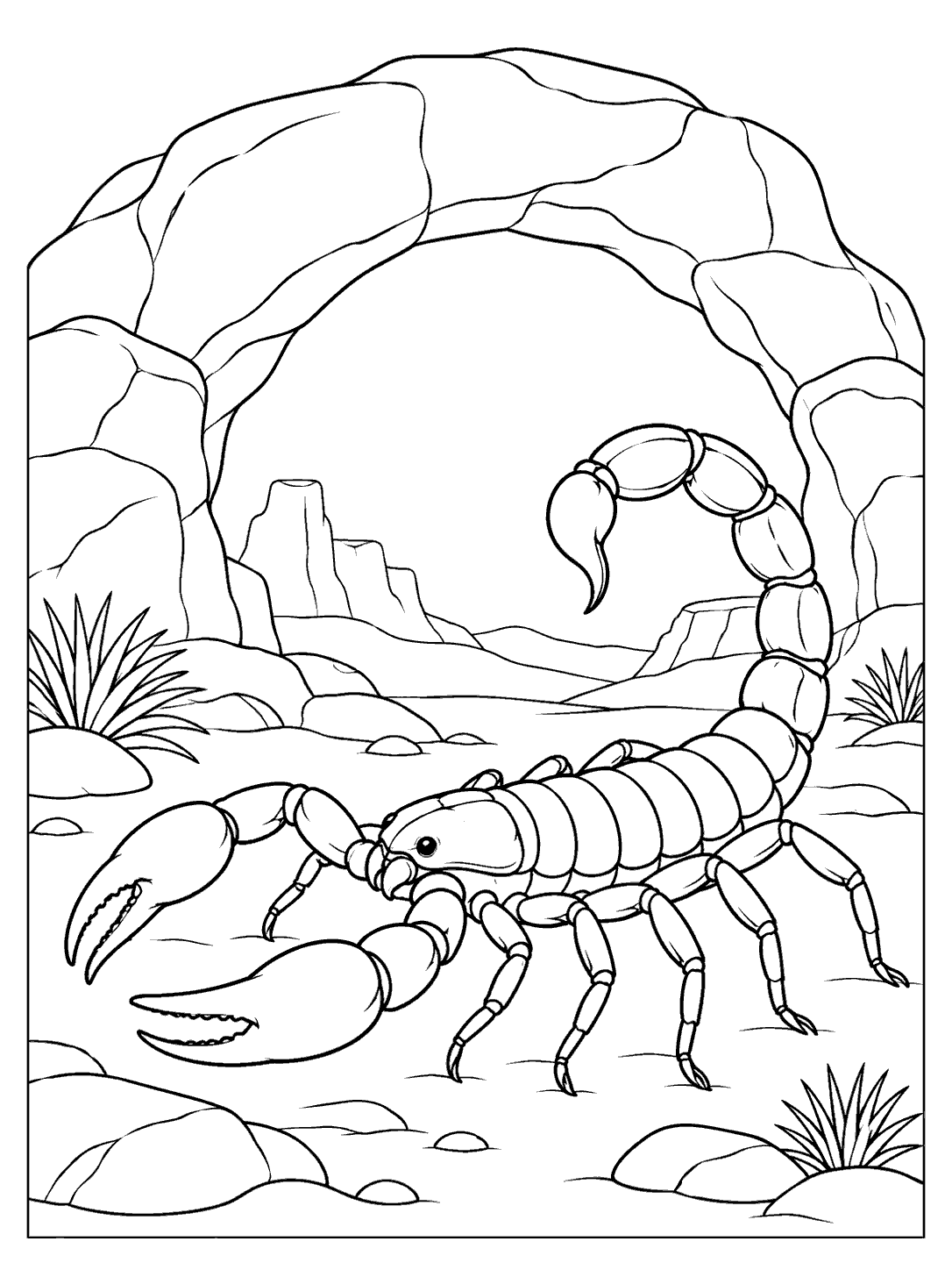 Scorpion walking beneath a broad rock arch in a black-and-white coloring page
